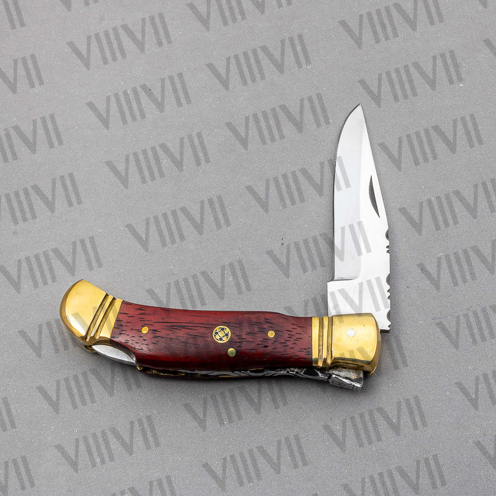 D2 Steel Folding Pocket Knife with Dollar Wood Handle – Handmade Knife with Leather Sheath or Wooden Gift Box (Square or Heart)