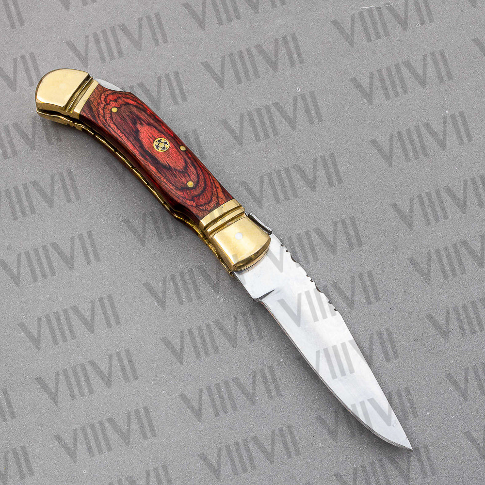 Handmade D2 Steel Folding Pocket Knife with Pakka Wood Handle – With Leather Sheath, Square Box, or Heart Gift Box
