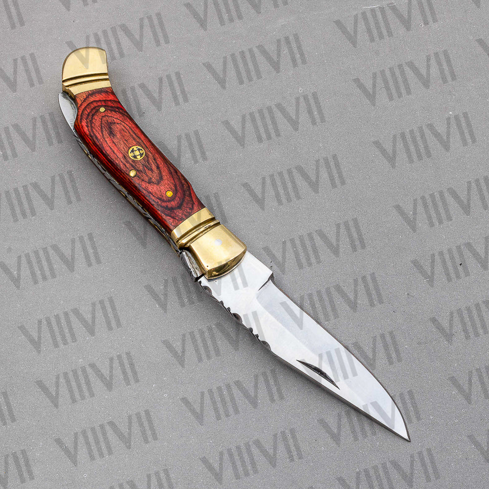 Handmade D2 Steel Folding Pocket Knife with Pakka Wood Handle – With Leather Sheath, Square Box, or Heart Gift Box