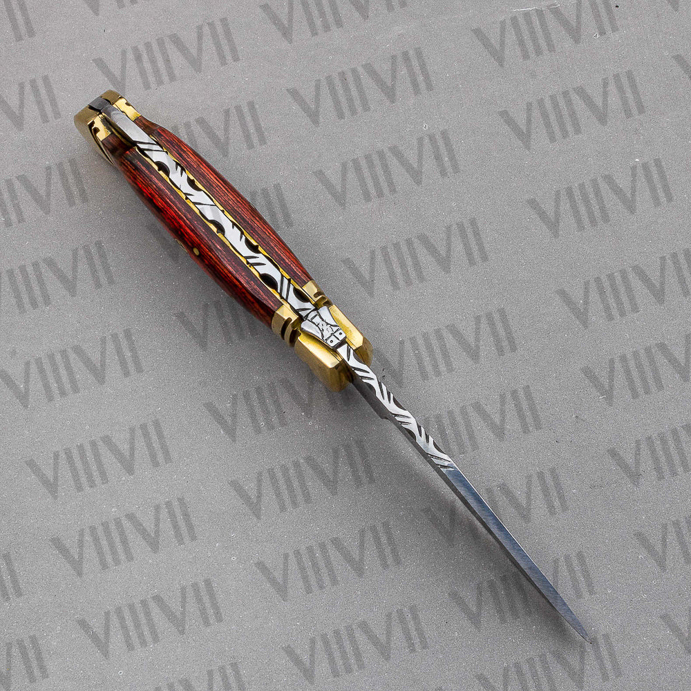 Handmade D2 Steel Folding Pocket Knife with Pakka Wood Handle – With Leather Sheath, Square Box, or Heart Gift Box