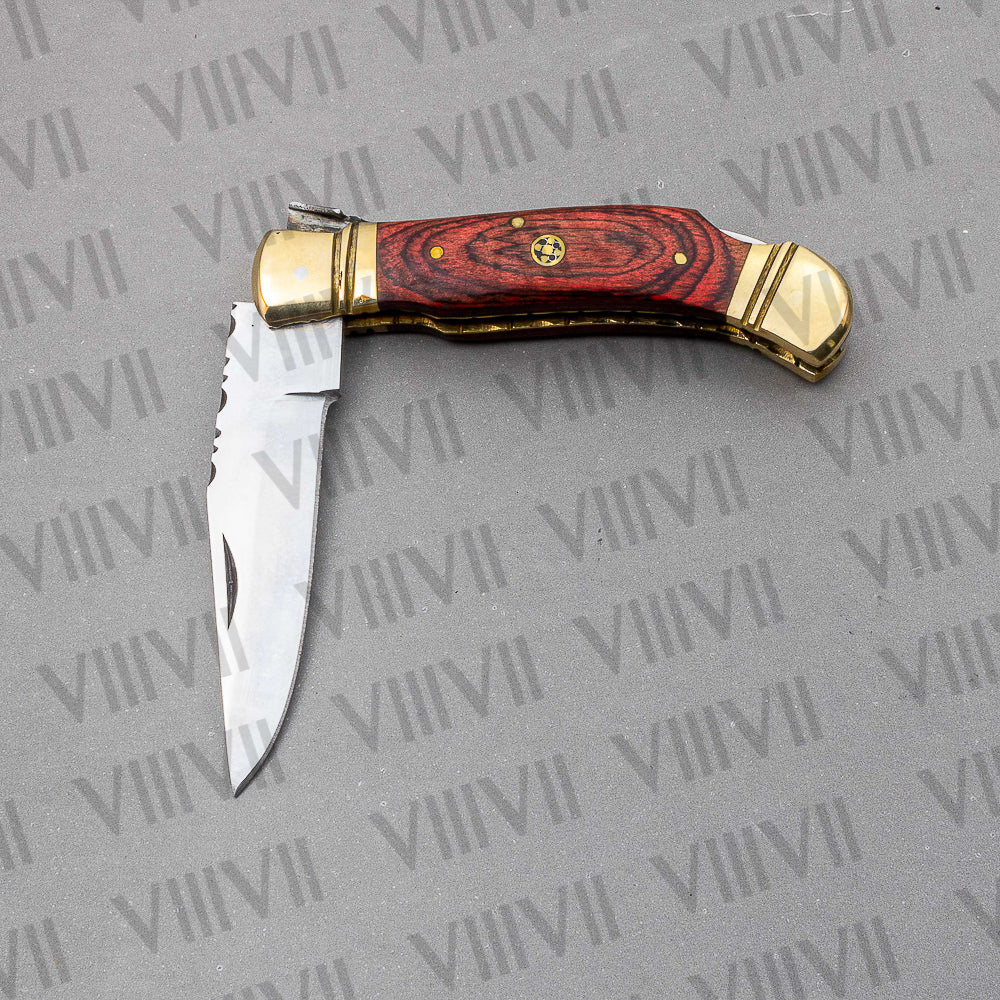 Handmade D2 Steel Folding Pocket Knife with Pakka Wood Handle – With Leather Sheath, Square Box, or Heart Gift Box