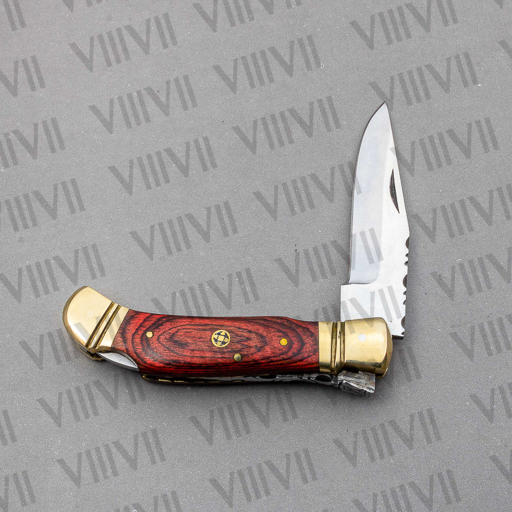 Handmade D2 Steel Folding Pocket Knife with Pakka Wood Handle – With Leather Sheath, Square Box, or Heart Gift Box