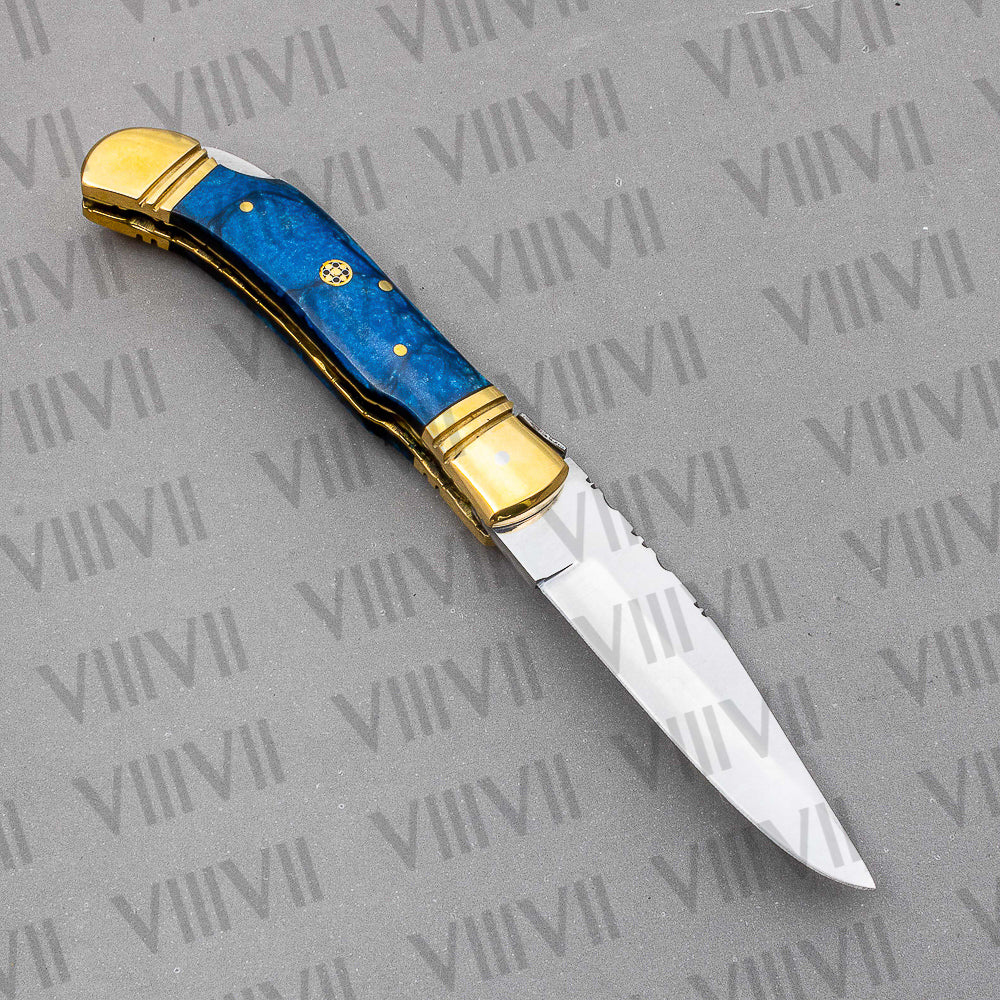 Handmade D2 Steel Pocket Knife with Blue Resin Handle – Includes Leather Sheath, Square Box or Heart Gift Box