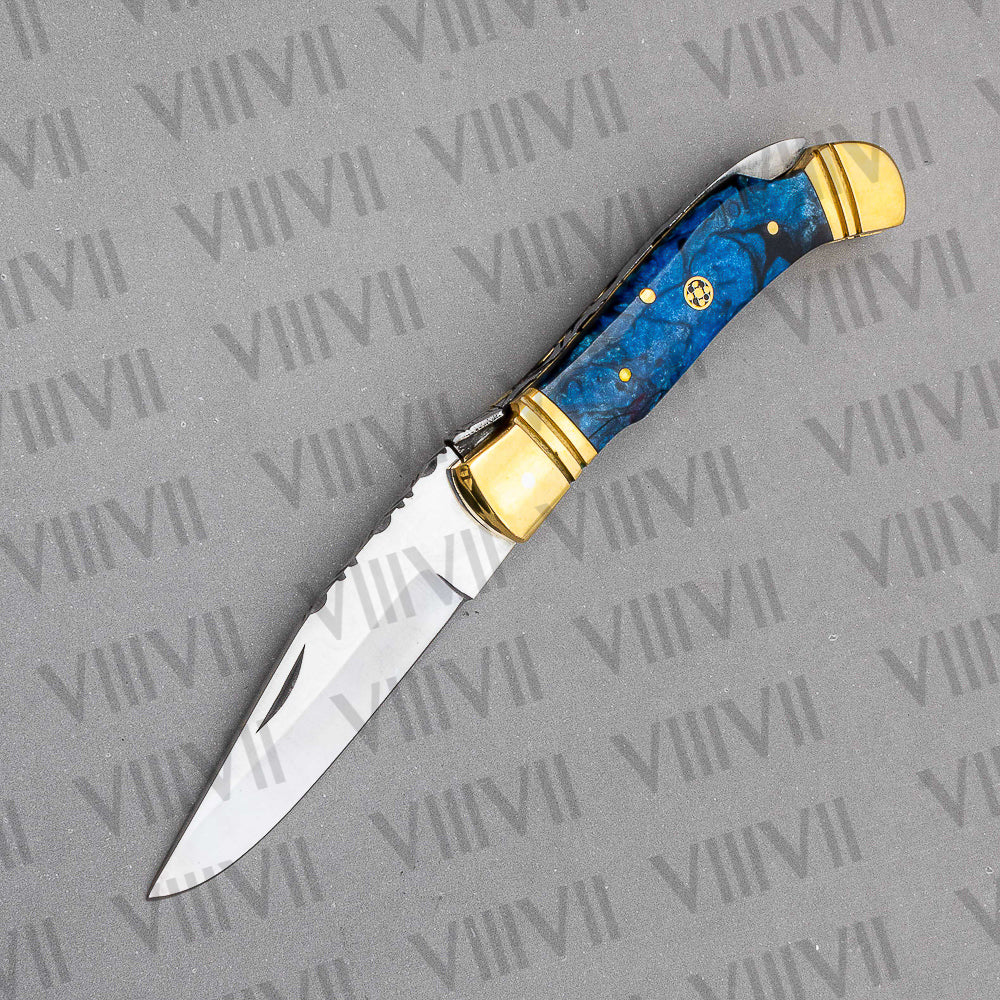 Handmade D2 Steel Pocket Knife with Blue Resin Handle – Includes Leather Sheath, Square Box or Heart Gift Box