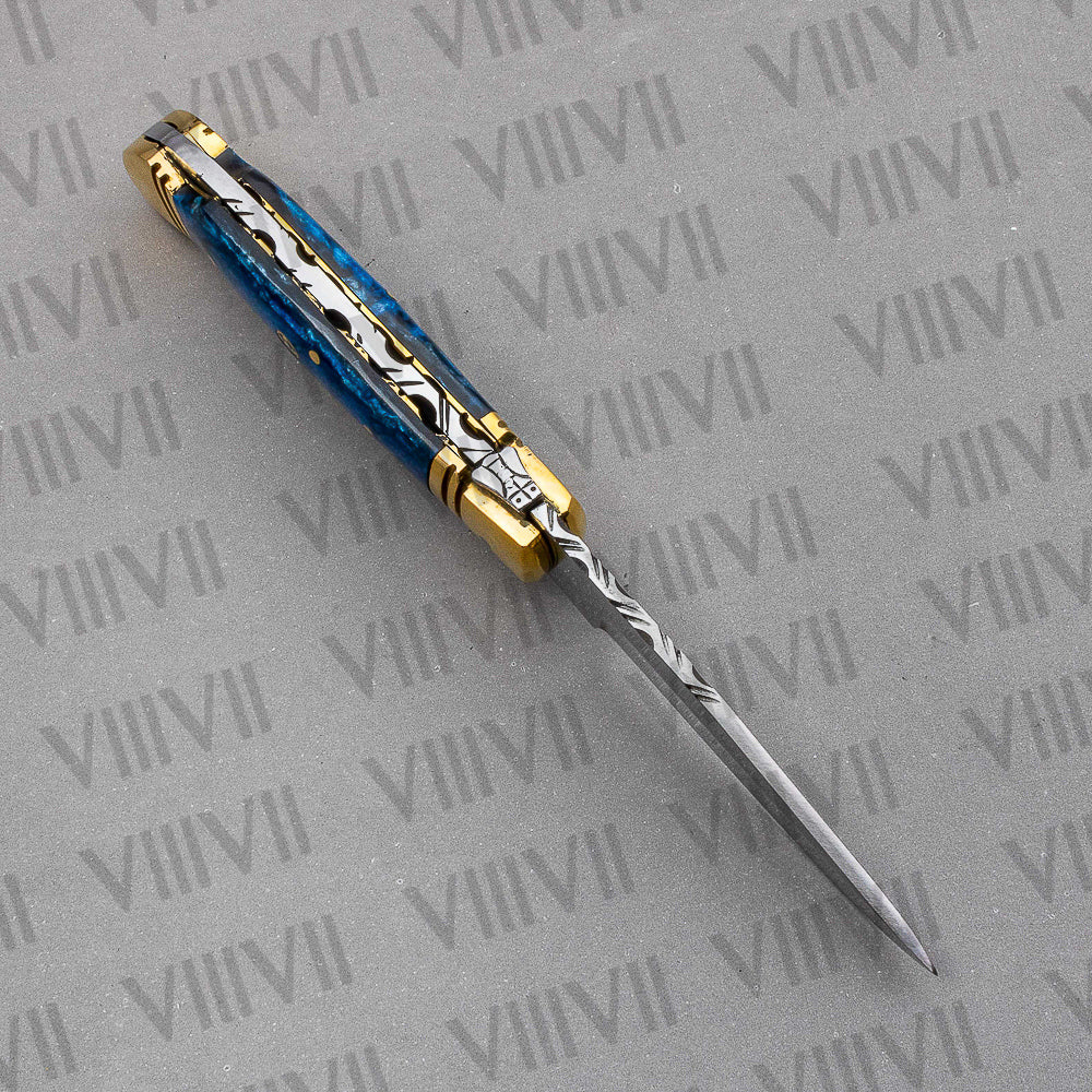 Handmade D2 Steel Pocket Knife with Blue Resin Handle – Includes Leather Sheath, Square Box or Heart Gift Box