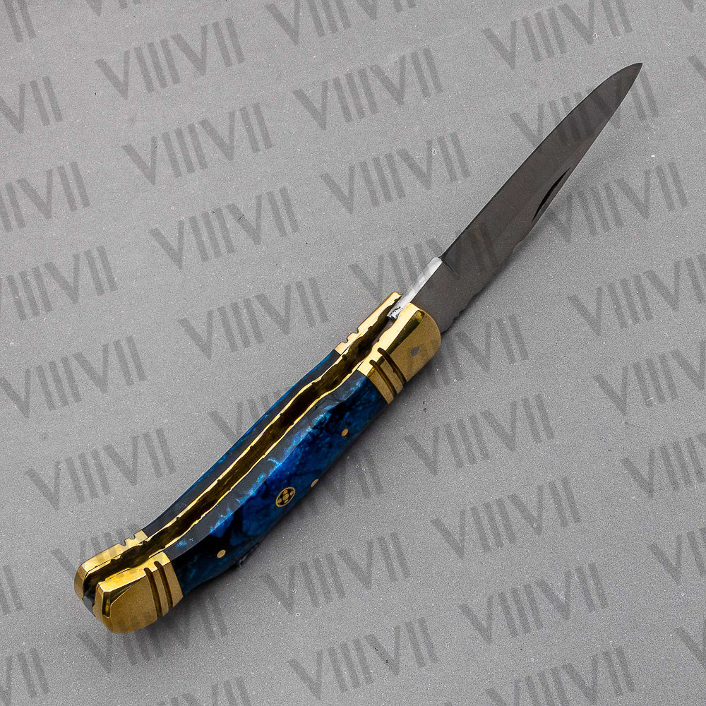 Handmade D2 Steel Pocket Knife with Blue Resin Handle – Includes Leather Sheath, Square Box or Heart Gift Box