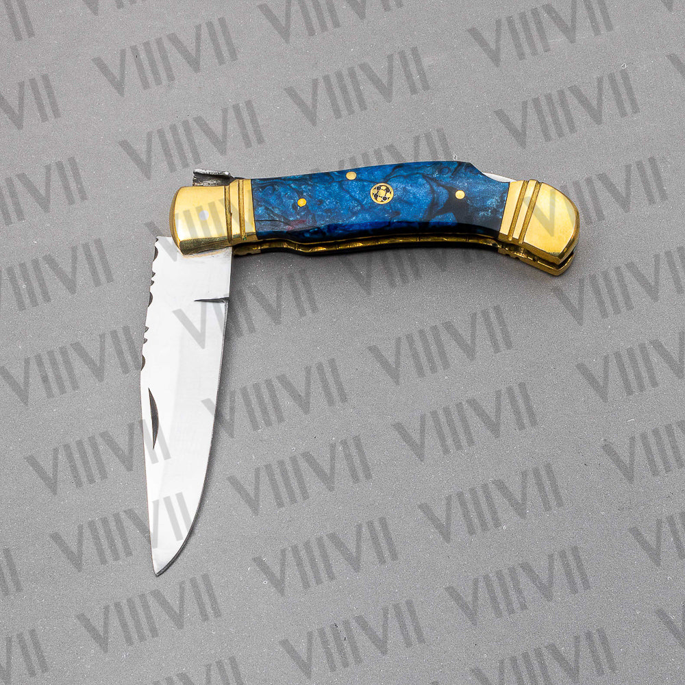 Handmade D2 Steel Pocket Knife with Blue Resin Handle – Includes Leather Sheath, Square Box or Heart Gift Box