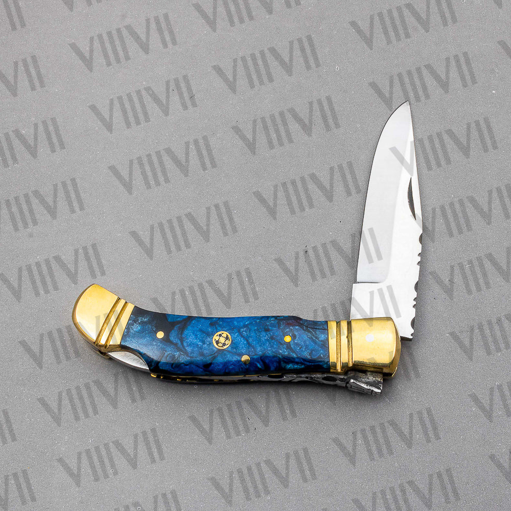 Handmade D2 Steel Pocket Knife with Blue Resin Handle – Includes Leather Sheath, Square Box or Heart Gift Box