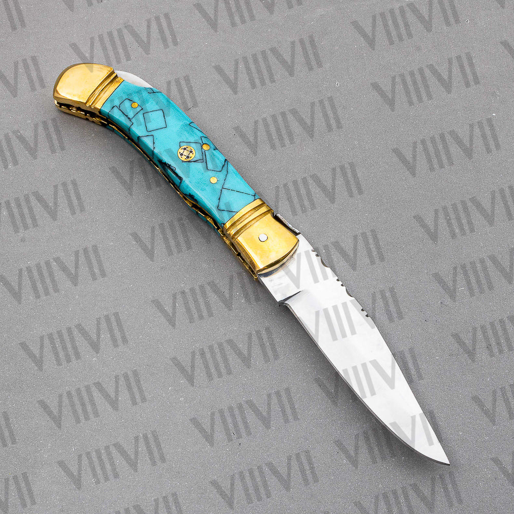 Handmade D2 Steel Folding Pocket Knife with Turquoise Handle – With Leather Sheath, Square Gift Box, or Heart Gift Box