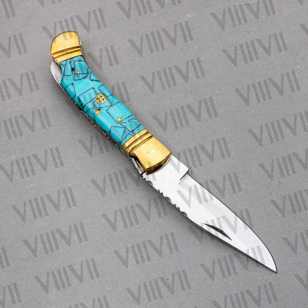 Handmade D2 Steel Folding Pocket Knife with Turquoise Handle – With Leather Sheath, Square Gift Box, or Heart Gift Box
