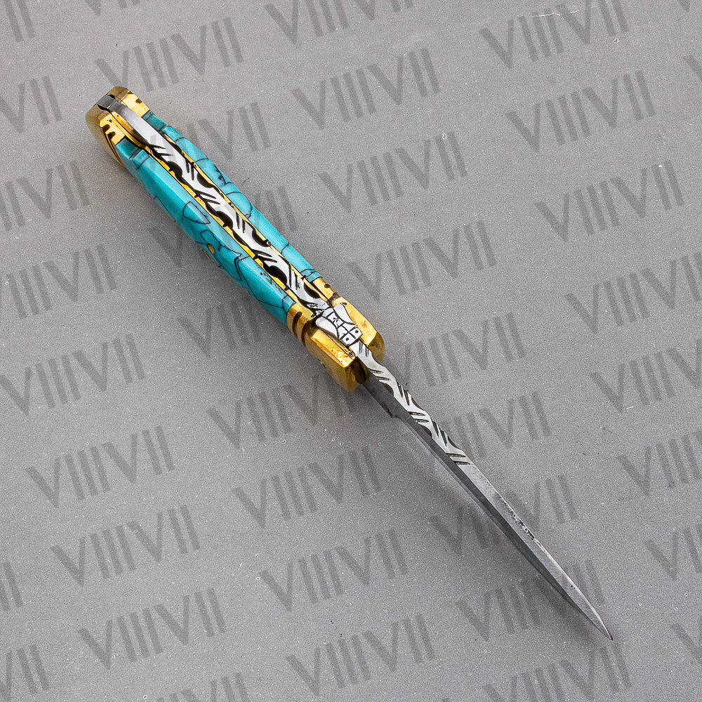 Handmade D2 Steel Folding Pocket Knife with Turquoise Handle – With Leather Sheath, Square Gift Box, or Heart Gift Box