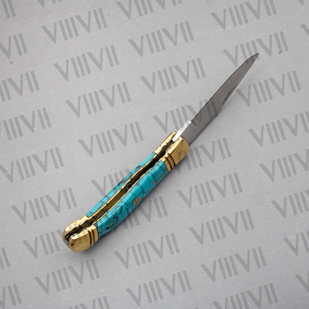 Handmade D2 Steel Folding Pocket Knife with Turquoise Handle – With Leather Sheath, Square Gift Box, or Heart Gift Box