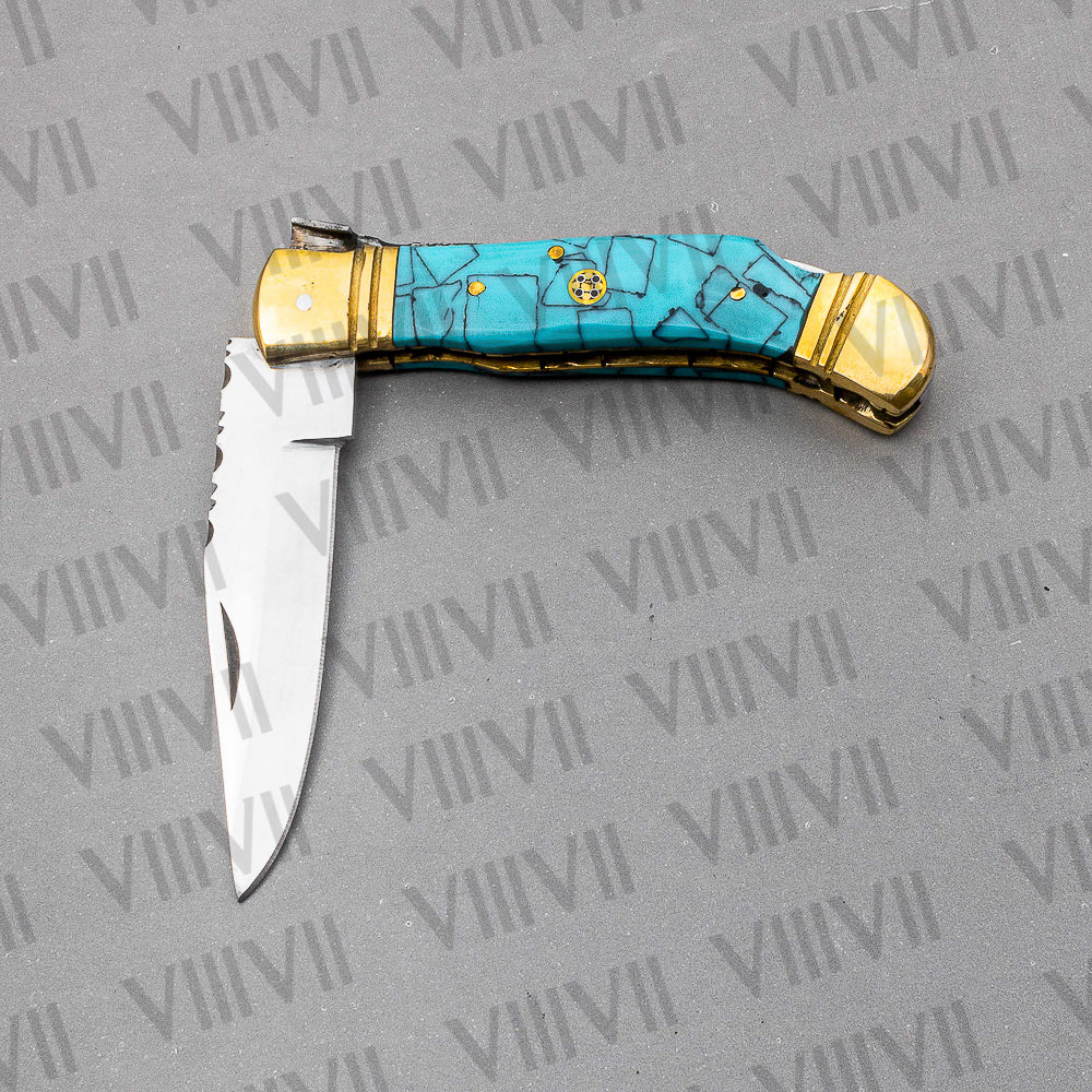 Handmade D2 Steel Folding Pocket Knife with Turquoise Handle – With Leather Sheath, Square Gift Box, or Heart Gift Box