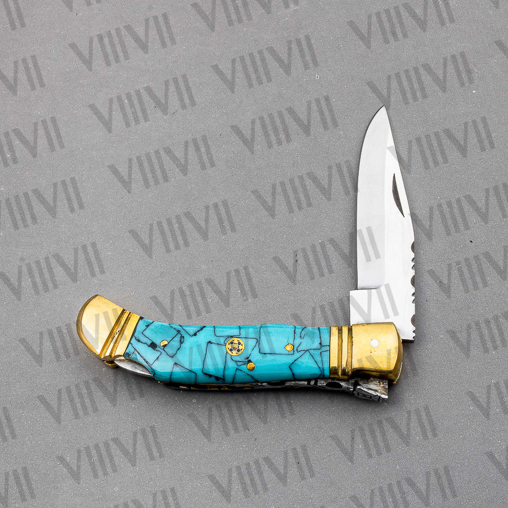 Handmade D2 Steel Folding Pocket Knife with Turquoise Handle – With Leather Sheath, Square Gift Box, or Heart Gift Box