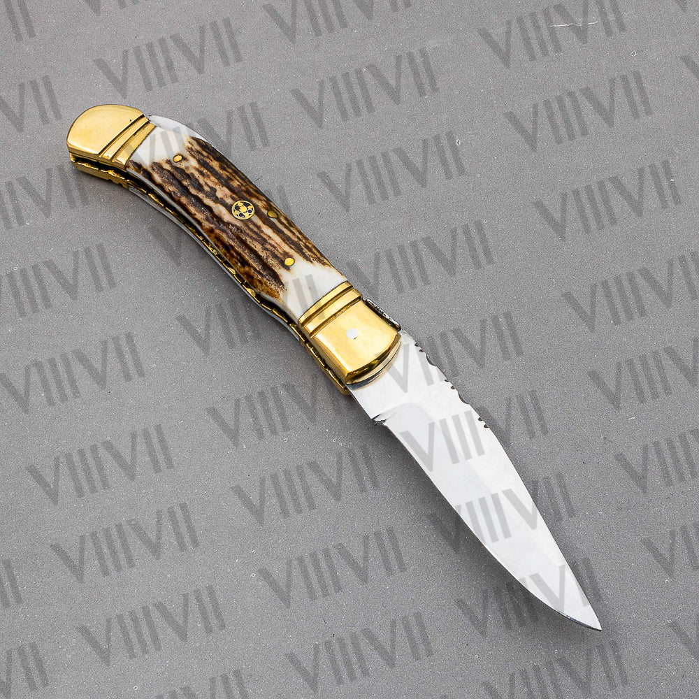 Handmade D2 Steel Folding Pocket Knife with Stag Horn Handle – With Leather Sheath, Square Gift Box, or Heart Gift Box