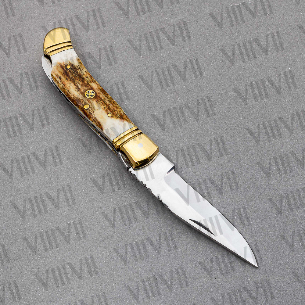Handmade D2 Steel Folding Pocket Knife with Stag Horn Handle – With Leather Sheath, Square Gift Box, or Heart Gift Box