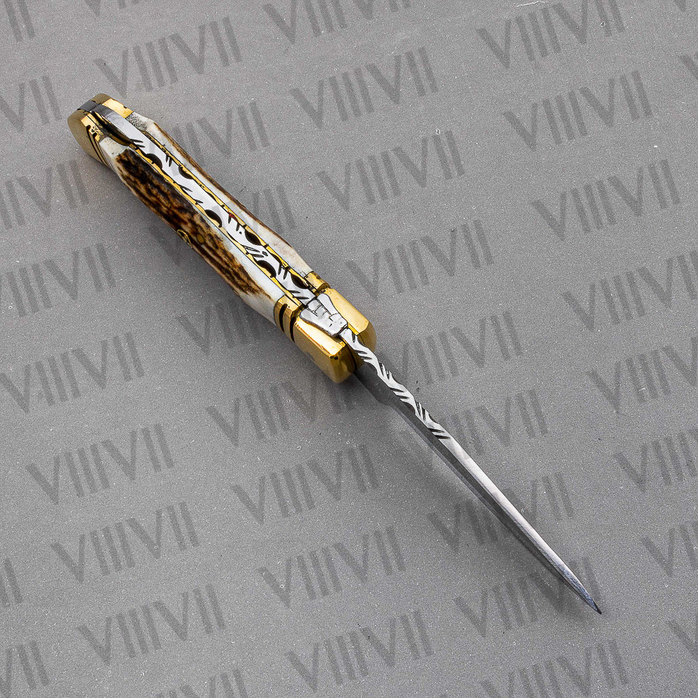 Handmade D2 Steel Folding Pocket Knife with Stag Horn Handle – With Leather Sheath, Square Gift Box, or Heart Gift Box