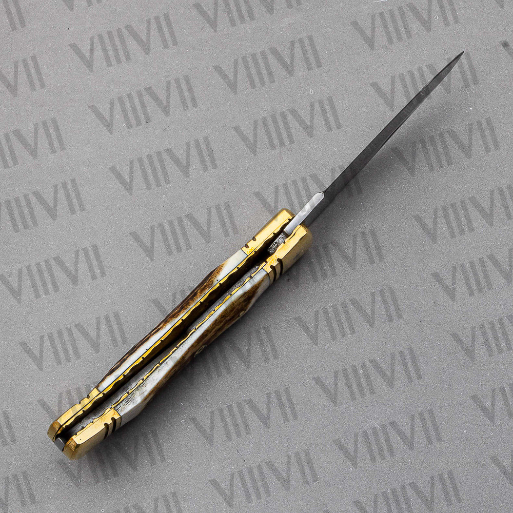 Handmade D2 Steel Folding Pocket Knife with Stag Horn Handle – With Leather Sheath, Square Gift Box, or Heart Gift Box