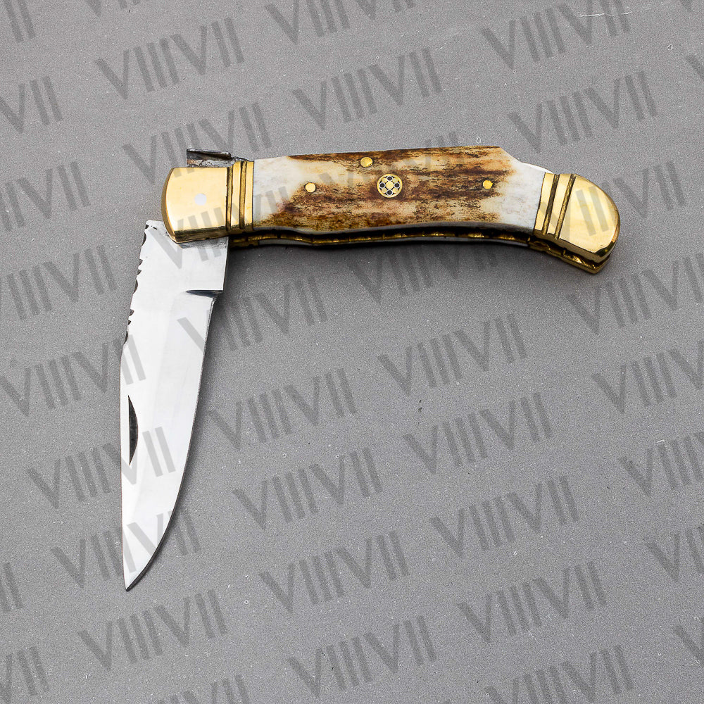 Handmade D2 Steel Folding Pocket Knife with Stag Horn Handle – With Leather Sheath, Square Gift Box, or Heart Gift Box