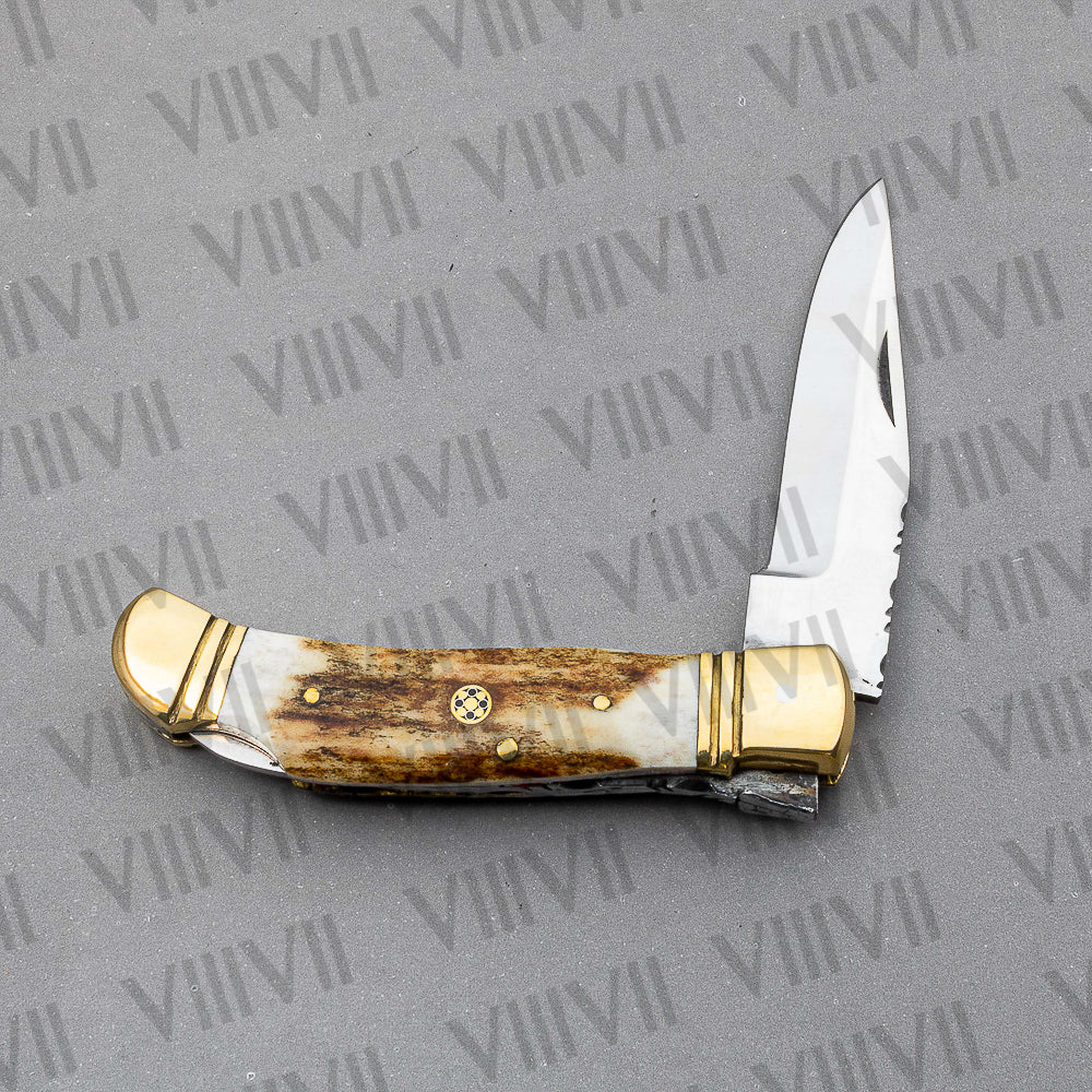 Handmade D2 Steel Folding Pocket Knife with Stag Horn Handle – With Leather Sheath, Square Gift Box, or Heart Gift Box