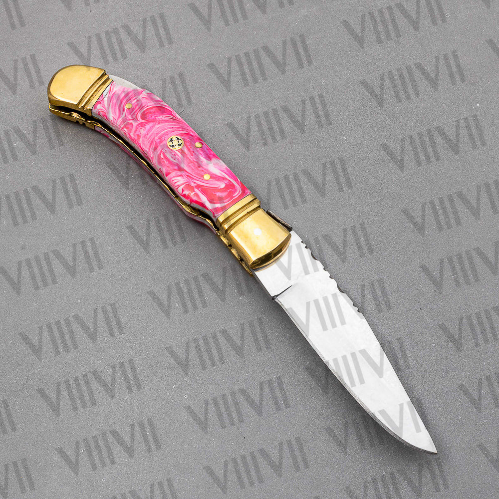 D2 Steel Folding Pocket Knife with Pink Resin Handle – Handmade Knife with Leather Sheath, Square Box, or Heart Gift Box