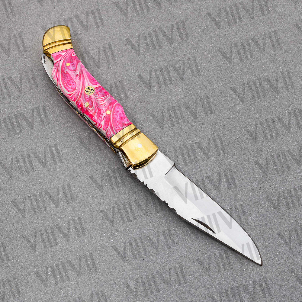 D2 Steel Folding Pocket Knife with Pink Resin Handle – Handmade Knife with Leather Sheath, Square Box, or Heart Gift Box
