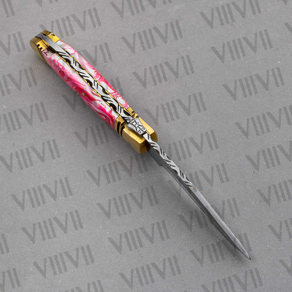 D2 Steel Folding Pocket Knife with Pink Resin Handle – Handmade Knife with Leather Sheath, Square Box, or Heart Gift Box