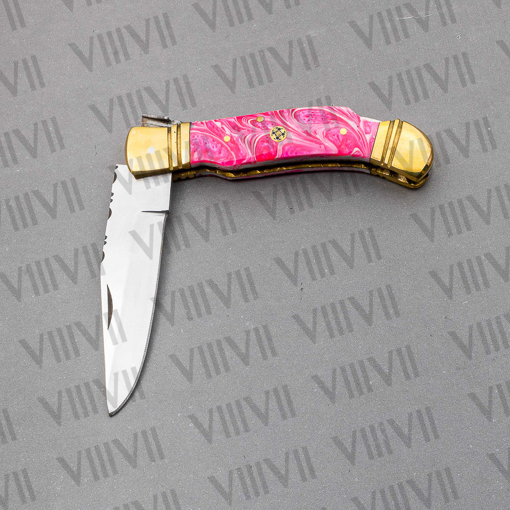 D2 Steel Folding Pocket Knife with Pink Resin Handle – Handmade Knife with Leather Sheath, Square Box, or Heart Gift Box