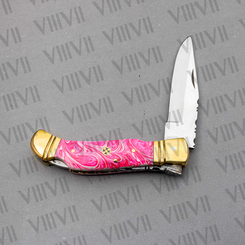 D2 Steel Folding Pocket Knife with Pink Resin Handle – Handmade Knife with Leather Sheath, Square Box, or Heart Gift Box