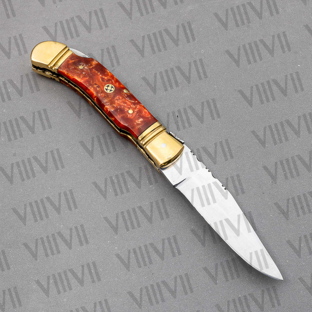 D2 Steel Folding Pocket Knife with Orange Resin Handle – Handmade Knife with Leather Sheath, Square Box, or Heart Gift Box