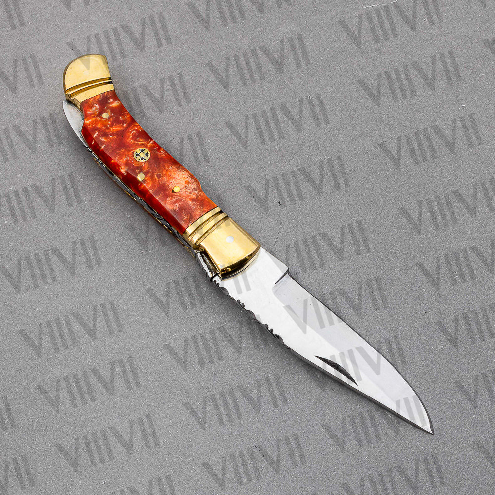 D2 Steel Folding Pocket Knife with Orange Resin Handle – Handmade Knife with Leather Sheath, Square Box, or Heart Gift Box