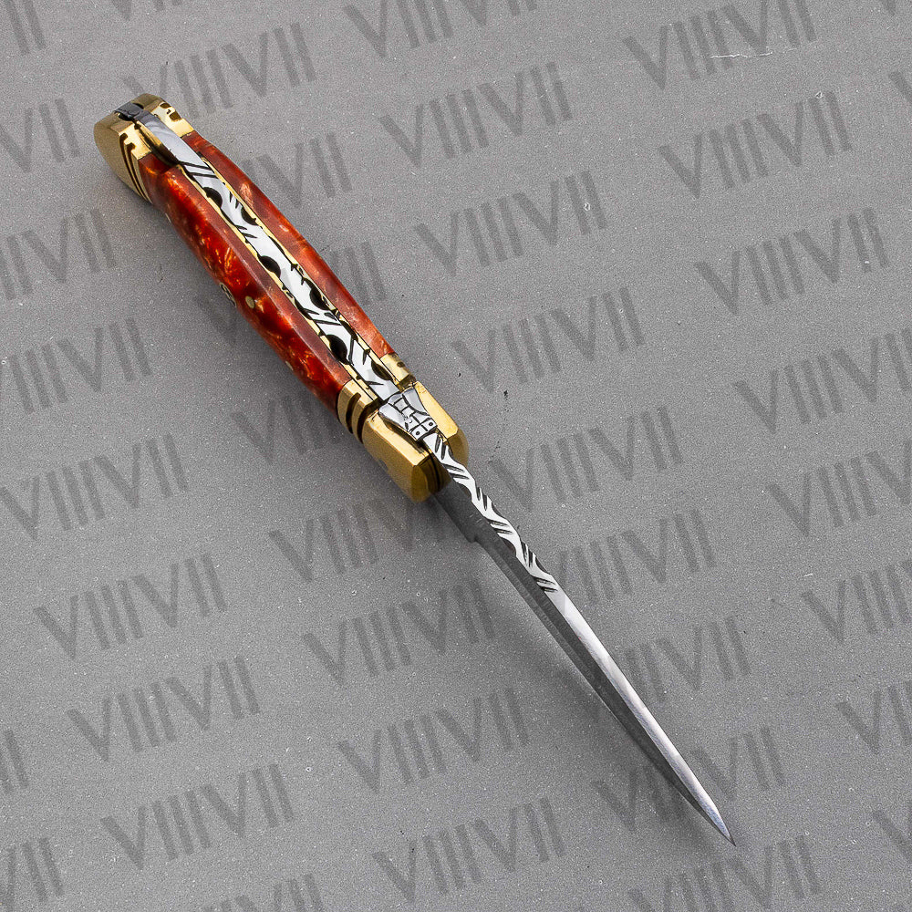D2 Steel Folding Pocket Knife with Orange Resin Handle – Handmade Knife with Leather Sheath, Square Box, or Heart Gift Box