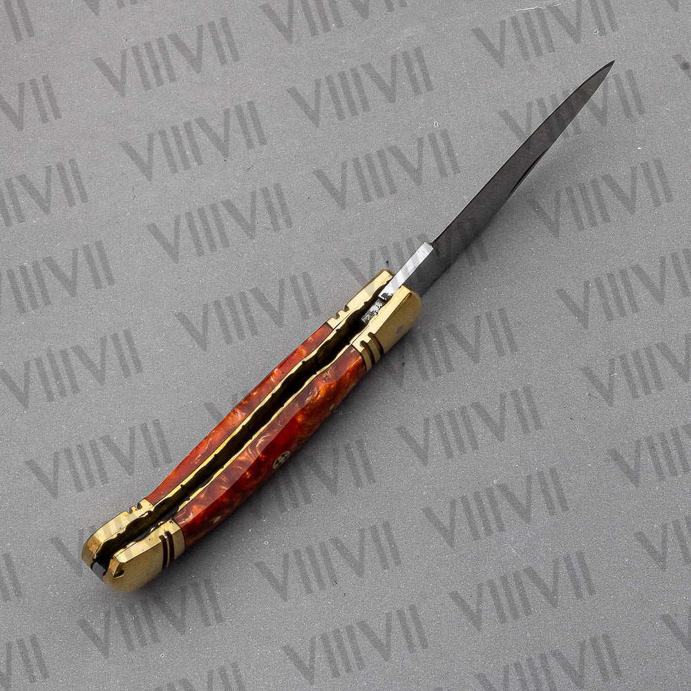 D2 Steel Folding Pocket Knife with Orange Resin Handle – Handmade Knife with Leather Sheath, Square Box, or Heart Gift Box