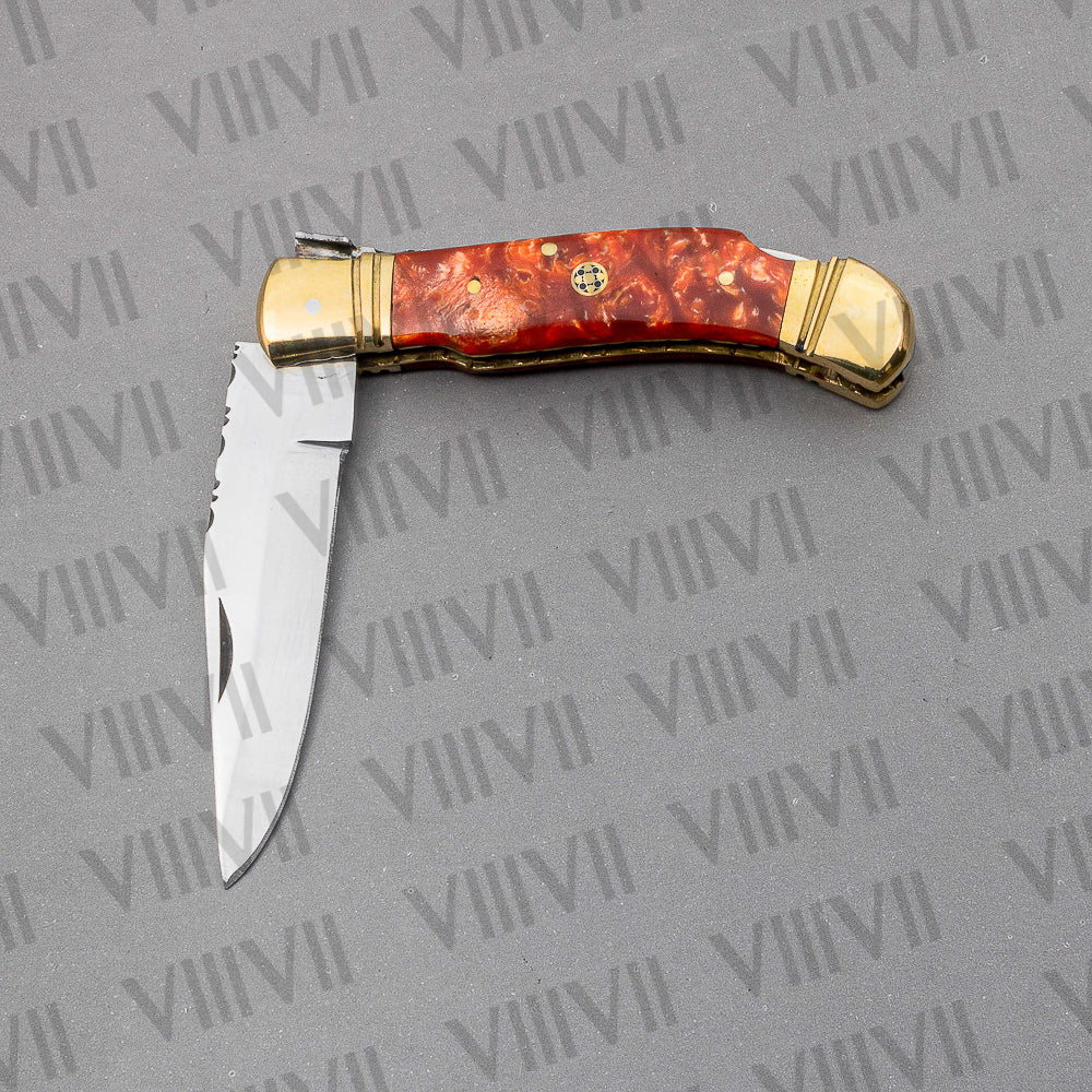 D2 Steel Folding Pocket Knife with Orange Resin Handle – Handmade Knife with Leather Sheath, Square Box, or Heart Gift Box