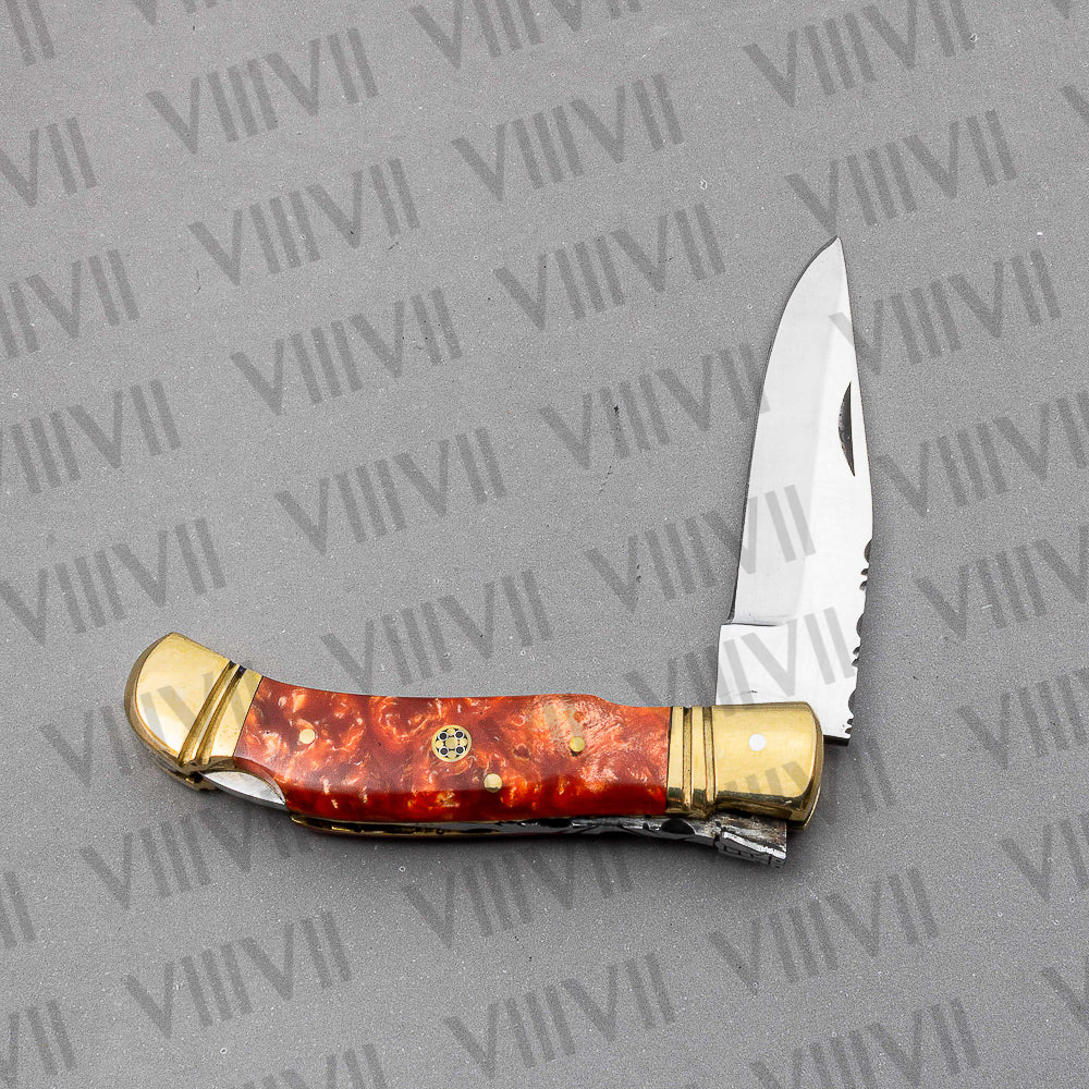 D2 Steel Folding Pocket Knife with Orange Resin Handle – Handmade Knife with Leather Sheath, Square Box, or Heart Gift Box