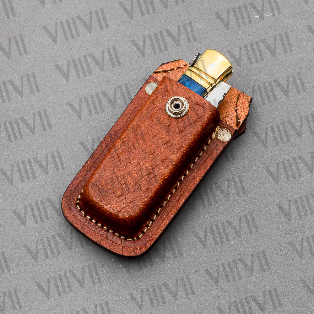 Handmade D2 Steel Pocket Knife with Blue Resin Handle – Includes Leather Sheath, Square Box or Heart Gift Box