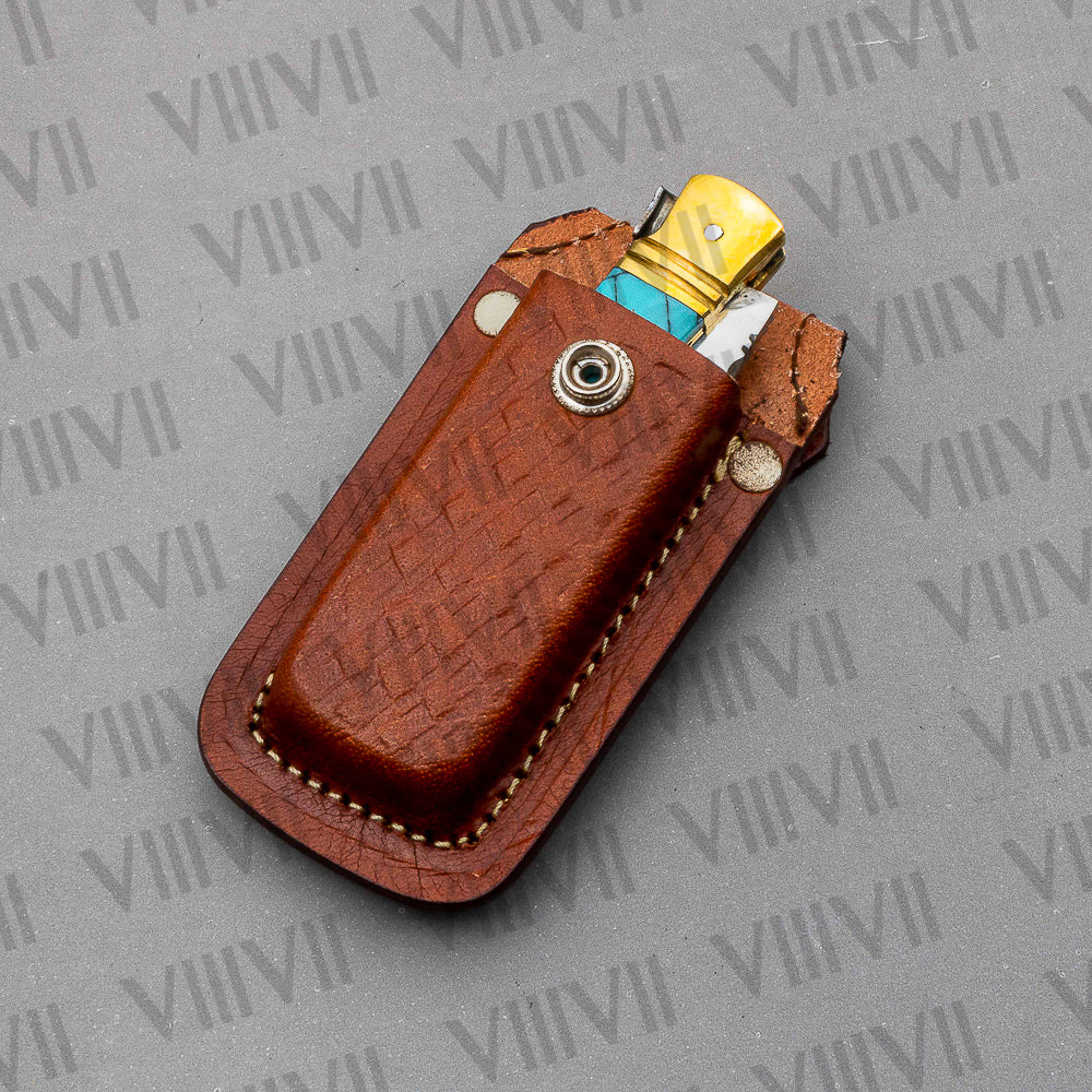 Handmade D2 Steel Folding Pocket Knife with Turquoise Handle – With Leather Sheath, Square Gift Box, or Heart Gift Box