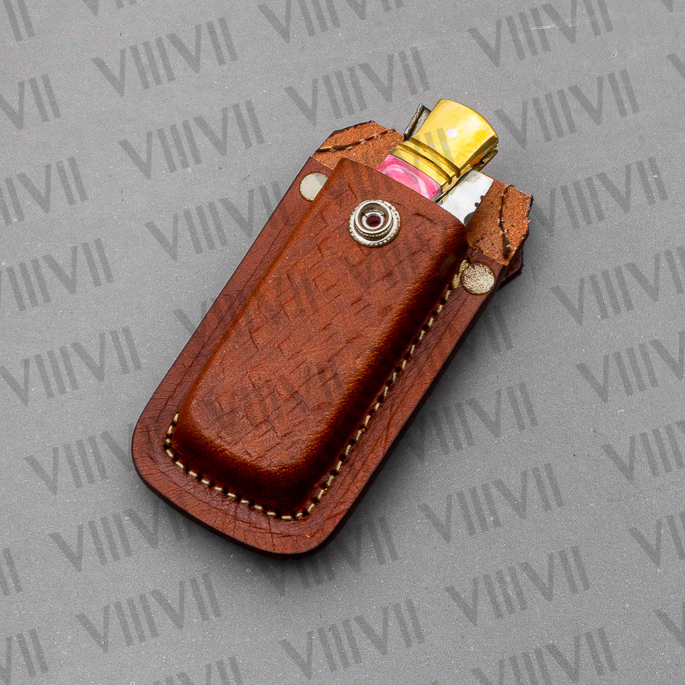 D2 Steel Folding Pocket Knife with Pink Resin Handle – Handmade Knife with Leather Sheath, Square Box, or Heart Gift Box