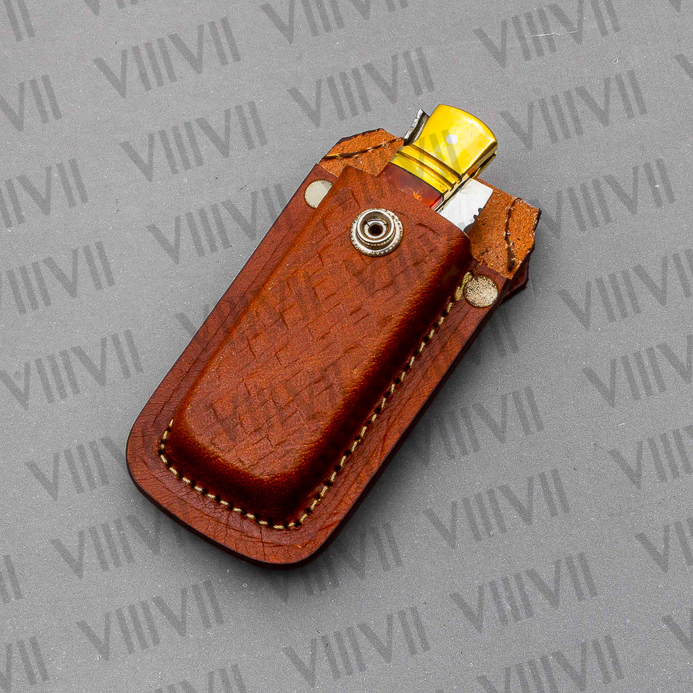 D2 Steel Folding Pocket Knife with Orange Resin Handle – Handmade Knife with Leather Sheath, Square Box, or Heart Gift Box