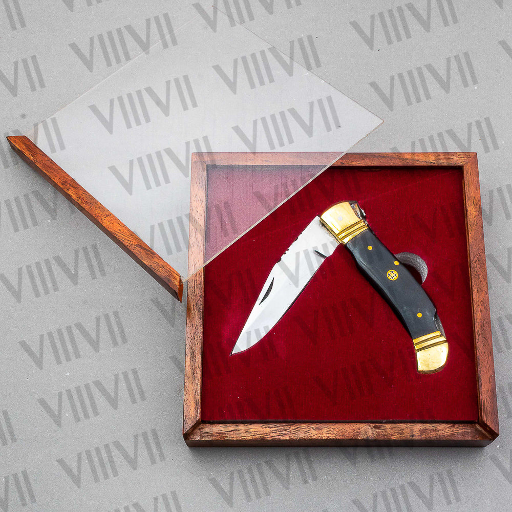 D2 Steel Folding Pocket Knife with Bull Horn Handle – Handmade with Leather Sheath, Square or Heart Wooden Gift Box
