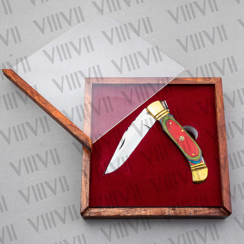 D2 Steel Folding Pocket Knife with Multiwood Handle – Handmade EDC Knife with Leather Sheath or Gift Box (Square or Heart)