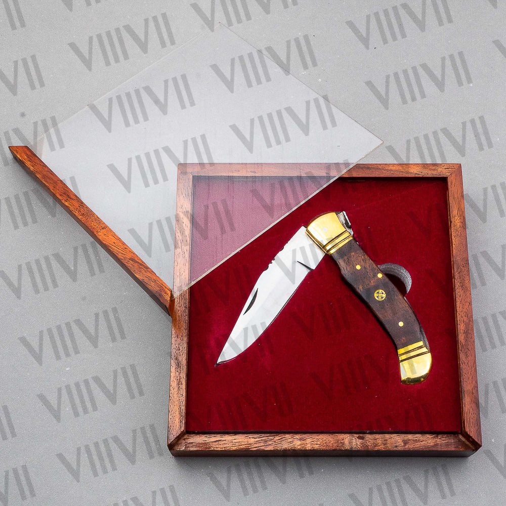 Handmade D2 Steel Folding Pocket Knife with Rosewood Handle – With Leather Sheath, Square Box, or Heart Gift Box