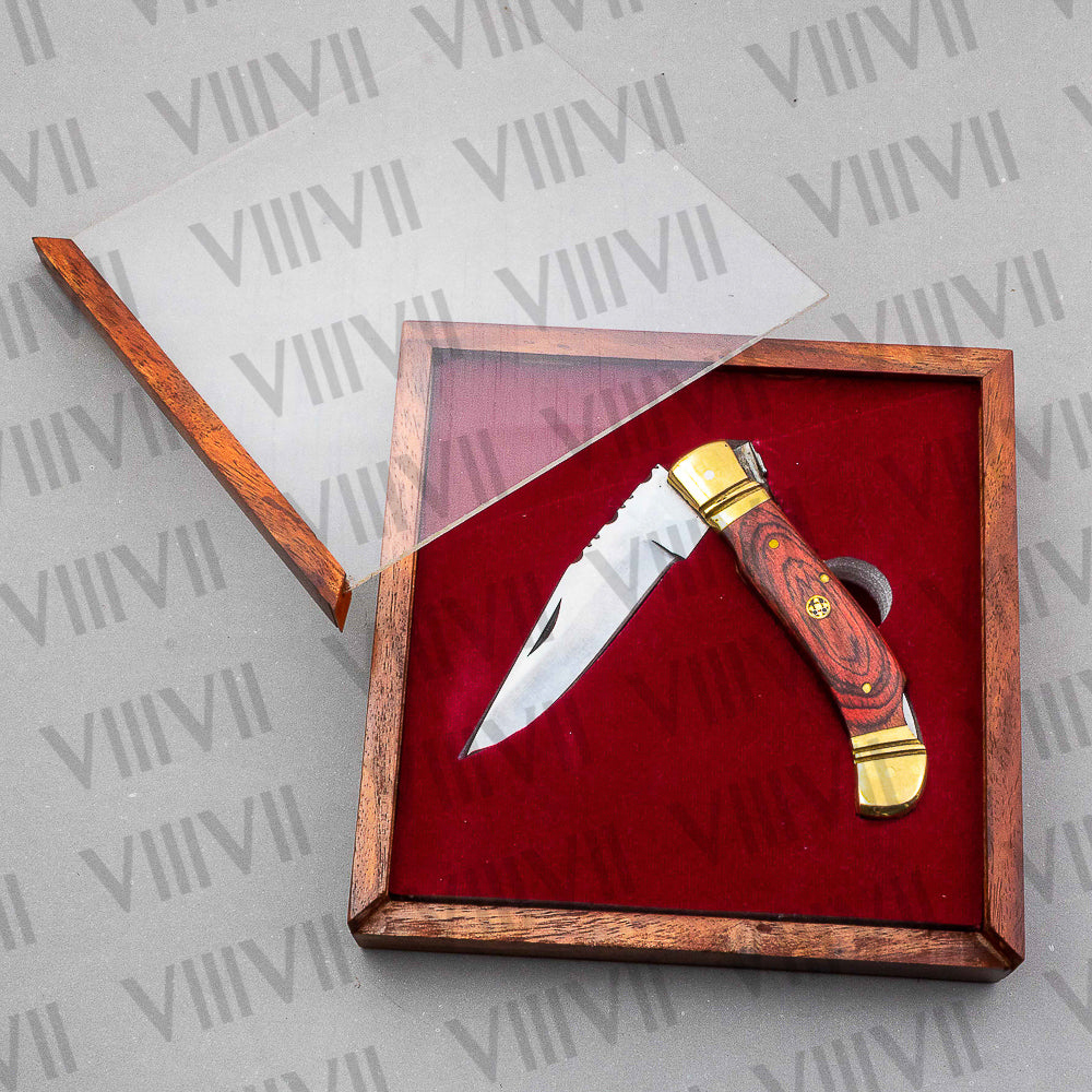 Handmade D2 Steel Folding Pocket Knife with Pakka Wood Handle – With Leather Sheath, Square Box, or Heart Gift Box