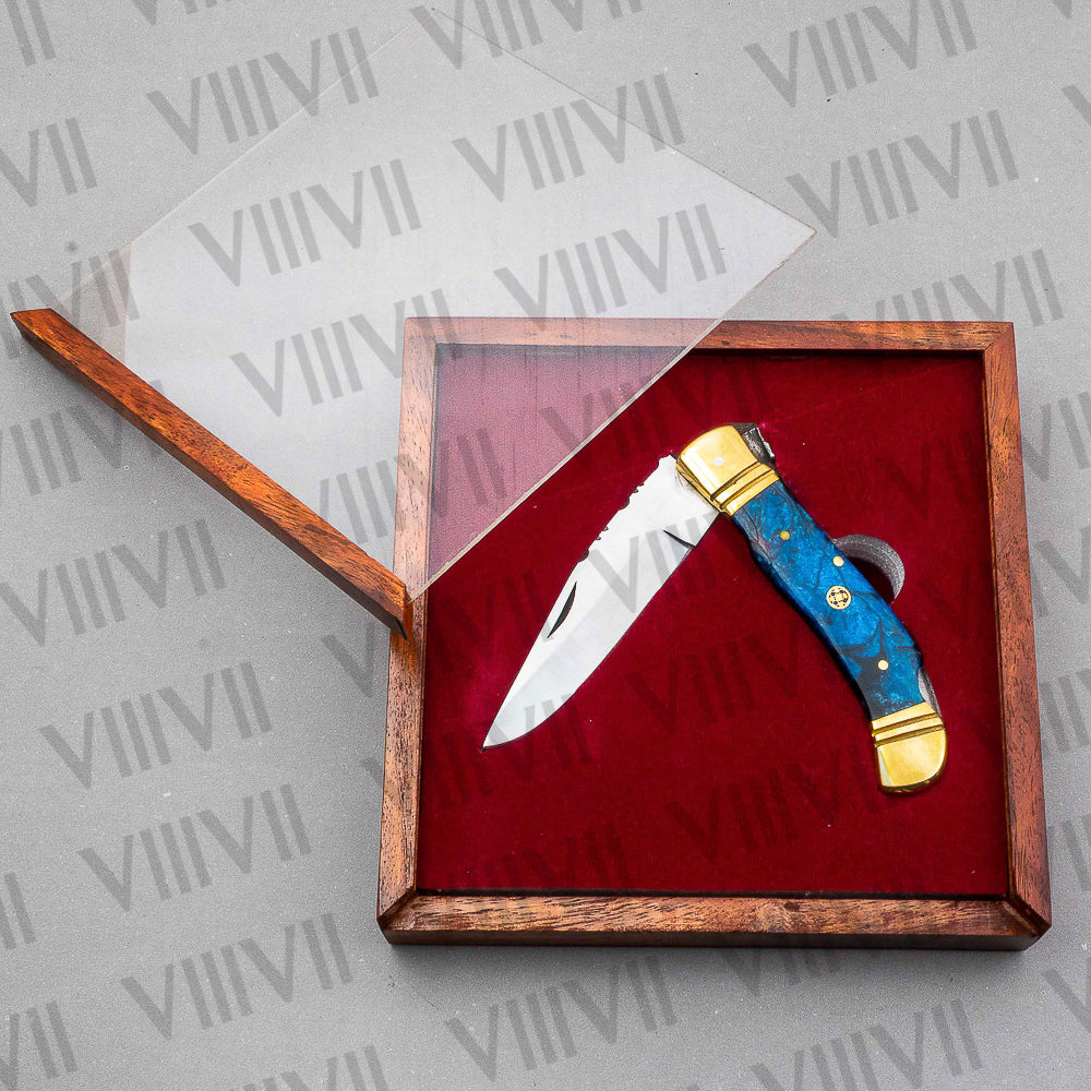 Handmade D2 Steel Pocket Knife with Blue Resin Handle – Includes Leather Sheath, Square Box or Heart Gift Box