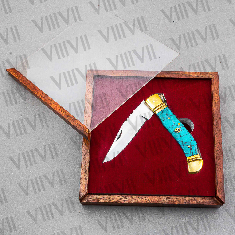 Handmade D2 Steel Folding Pocket Knife with Turquoise Handle – With Leather Sheath, Square Gift Box, or Heart Gift Box