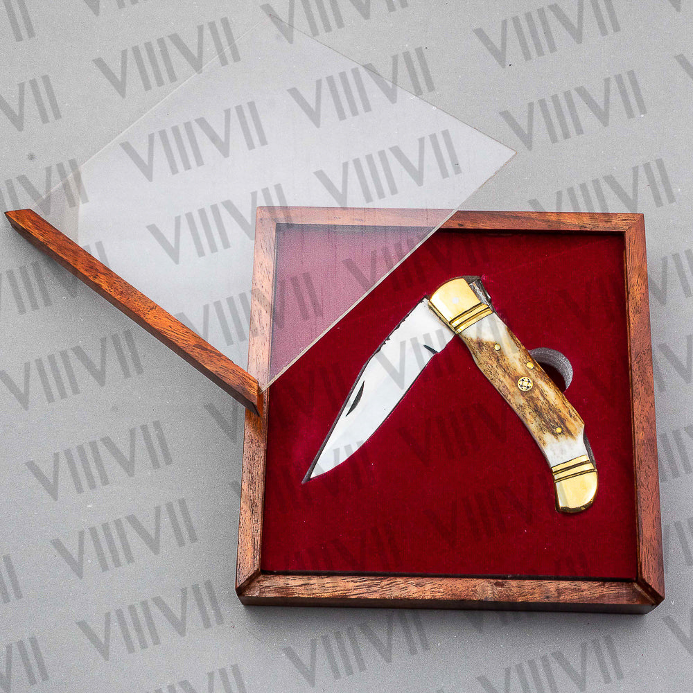 Handmade D2 Steel Folding Pocket Knife with Stag Horn Handle – With Leather Sheath, Square Gift Box, or Heart Gift Box