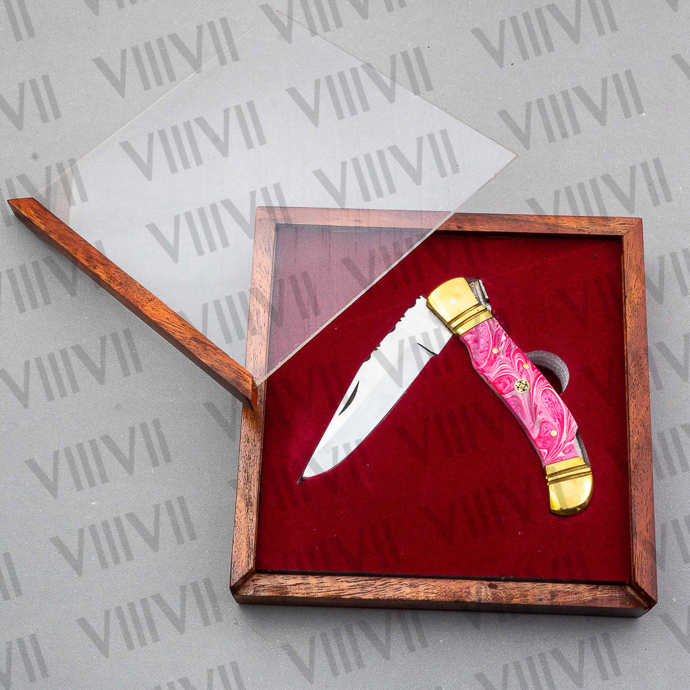 D2 Steel Folding Pocket Knife with Pink Resin Handle – Handmade Knife with Leather Sheath, Square Box, or Heart Gift Box