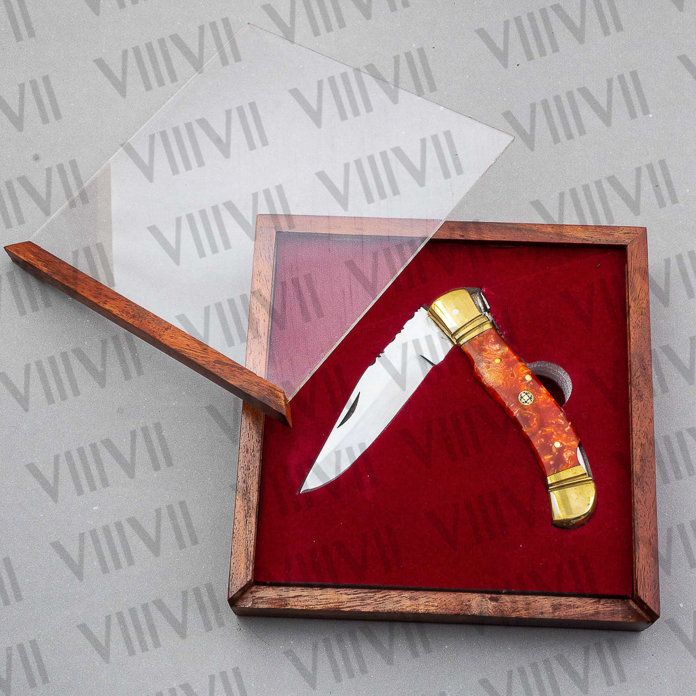 D2 Steel Folding Pocket Knife with Orange Resin Handle – Handmade Knife with Leather Sheath, Square Box, or Heart Gift Box
