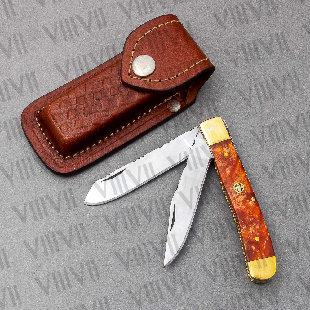 Double Blade Pocket Knife with Orange Resin Handle | Trapper Folding Knife with Clip & Spey Blades – Gift Box or Leather Sheath