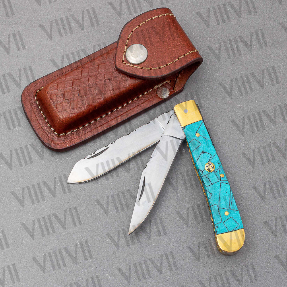 Double Blade Pocket Knife with Turquoise Handle | Trapper Folding Knife with Clip & Spey Blades – Gift Box or Leather Sheath